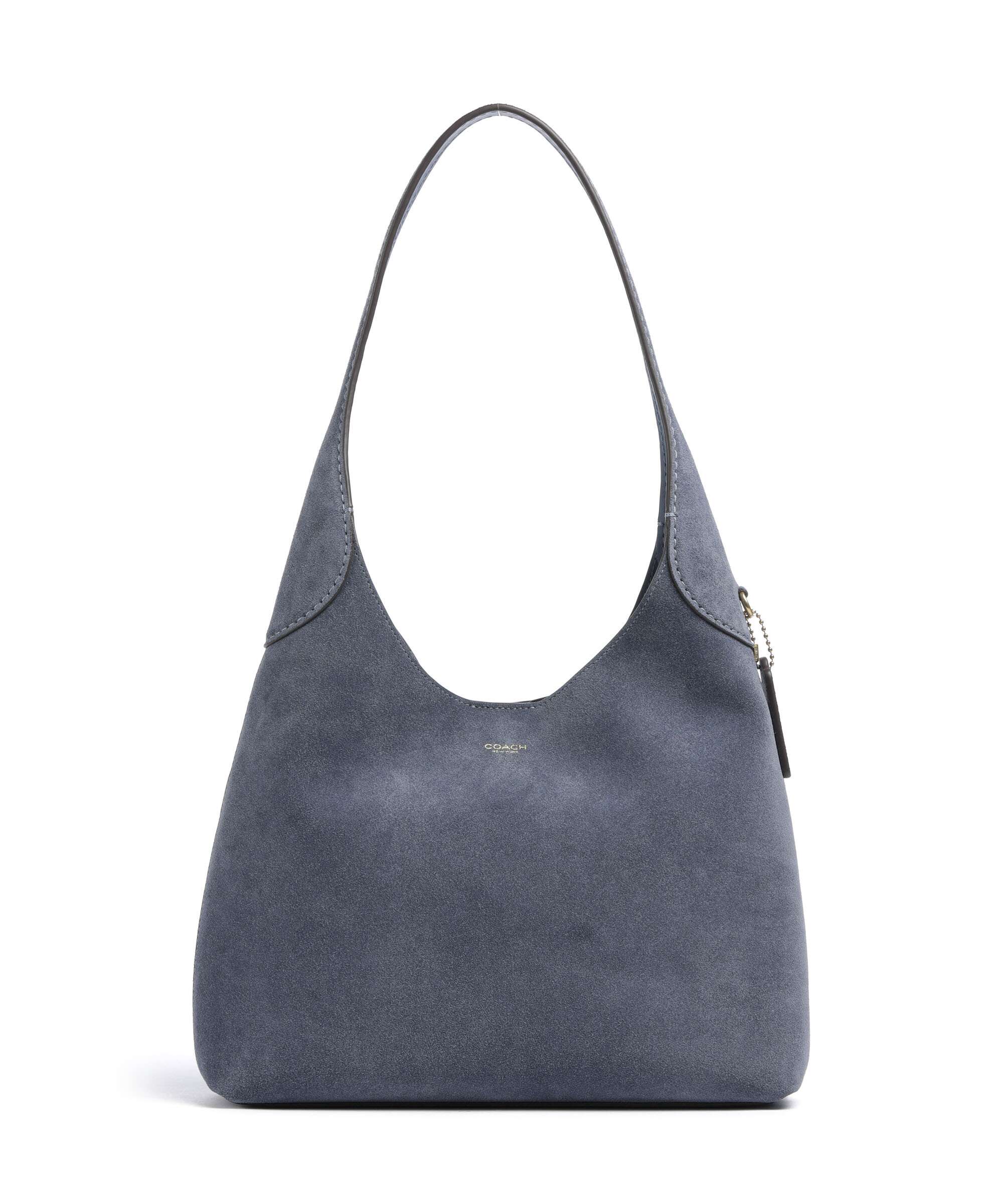 Coach Brooklyn 28 Beuteltasche aus Veloursleder in Light Denim, Vorderansicht mit Tragegriff