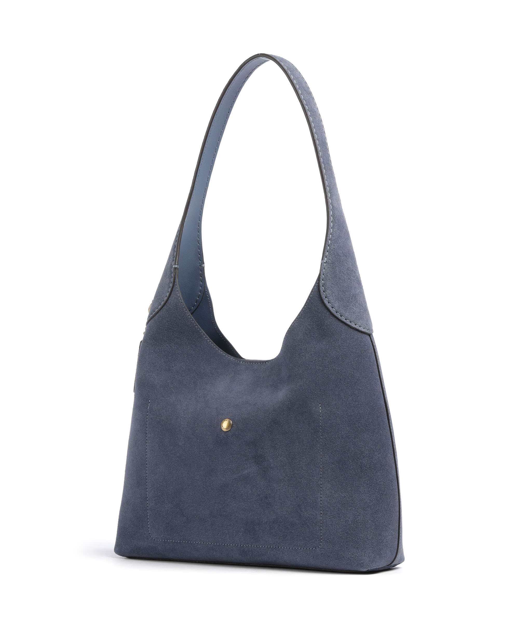 Seitenansicht der Beuteltasche mit Einsteckfach und Golddetail